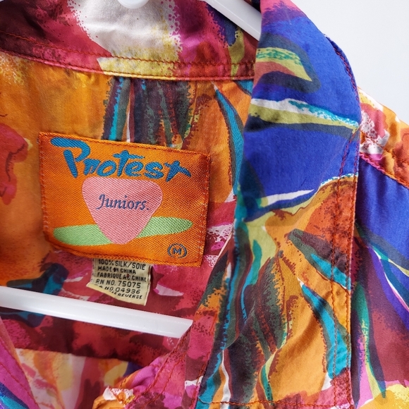Protest Silk Top Sleeveless Multicolor Button Collar Abstract Floral Medium 90s - Picture 4 of 6